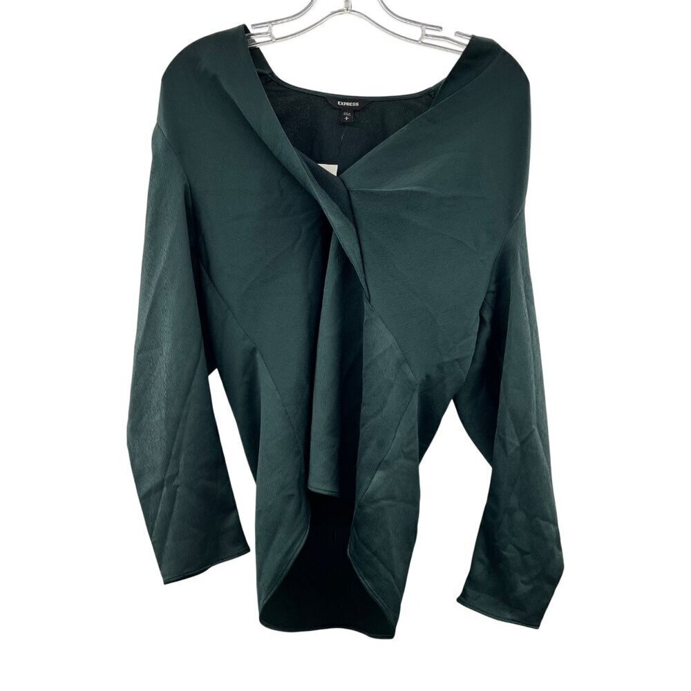Express Women's Green Blouse V Neck Sheen Long Sleeve Small New